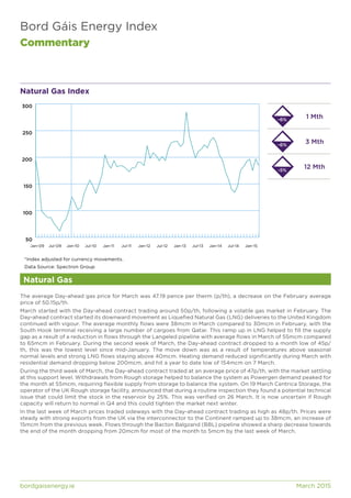 Bord Gáis Energy Index
Commentary
bordgaisenergy.ie	 March 2015
Natural Gas Index
The average Day-ahead gas price for March was 47.19 pence per therm (p/th), a decrease on the February average
price of 50.15p/th.
March started with the Day-ahead contract trading around 50p/th, following a volatile gas market in February. The
Day-ahead contract started its downward movement as Liquefied Natural Gas (LNG) deliveries to the United Kingdom
continued with vigour. The average monthly flows were 38mcm in March compared to 30mcm in February, with the
South Hook terminal receiving a large number of cargoes from Qatar. This ramp up in LNG helped to fill the supply
gap as a result of a reduction in flows through the Langeled pipeline with average flows in March of 55mcm compared
to 65mcm in February. During the second week of March, the Day-ahead contract dropped to a month low of 45p/
th, this was the lowest level since mid-January. The move down was as a result of temperatures above seasonal
normal levels and strong LNG flows staying above 40mcm. Heating demand reduced significantly during March with
residential demand dropping below 200mcm, and hit a year to date low of 154mcm on 7 March.
During the third week of March, the Day-ahead contract traded at an average price of 47p/th, with the market settling
at this support level. Withdrawals from Rough storage helped to balance the system as Powergen demand peaked for
the month at 55mcm, requiring flexible supply from storage to balance the system. On 19 March Centrica Storage, the
operator of the UK Rough storage facility, announced that during a routine inspection they found a potential technical
issue that could limit the stock in the reservoir by 25%. This was verified on 26 March. It is now uncertain if Rough
capacity will return to normal in Q4 and this could tighten the market next winter.
In the last week of March prices traded sideways with the Day-ahead contract trading as high as 48p/th. Prices were
steady with strong exports from the UK via the interconnector to the Continent ramped up to 38mcm, an increase of
15mcm from the previous week. Flows through the Bacton Balgzand (BBL) pipeline showed a sharp decrease towards
the end of the month dropping from 20mcm for most of the month to 5mcm by the last week of March.
50
100
150
200
250
300
Jan-15Jul-14Jan-14Jul-13Jan-13Jul-12Jan-12Jul-11Jan-11Jul-10Jan-10Jul-09Jan-09
Natural Gas
1 Mth
3 Mth
12 Mth-5%
-6%
-6%
*Index adjusted for currency movements.
Data Source: Spectron Group
 