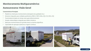 Monitoramento Multiparamétrico
Autocaravana: Visão Geral
Características Principais
• Plataforma móvel para monitoramento abrangente da qualidade do ar
• Sensores integrados para múltiplos parâmetros (PM2.5, PM10, NOx, SO2, CO, VOCs, O3)
• Transmissão de dados em tempo real e georreferenciamento
• Estação meteorológica integrada para dados climáticos
• Ideal para monitoramento em grandes áreas ou eventos específicos
• Capacidade de operação autônoma e registro contínuo
 
