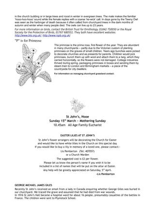 in the church building or in large trees and roost in winter in evergreen trees. The male makes the familiar
‘hooo-hoo-hooo’ sound while the female replies with a coarse ‘ke-wick’ call. In days gone by the Tawny Owl
was seen as the harbinger of death because it often called from churchyard trees in the dark months of
autumn and winter when many people died. The owls can live up to 23 years.
For more information on birds, contact the British Trust for Ornithology, 01842 750050 or the Royal
Society for the Protection of Birds, 01767 680551. They both have excellent websites:
http://www.bto.org.uk/, http://www.rspb.org.uk/
"P" is for Primrose
The primrose is the prima rosa, first flower of the year. They are abundant
in many churchyards – partly due to the Victorian custom of planting
primroses on the graves of small children. Years ago bunches were picked
to decorate churches and as presents for parents. Children would pick
primroses, bunch them up with wool and attach them to a twig, which they
carried horizontally, so the flowers were not damaged. Cottage industries
thrived during spring, packaging primroses in boxes and sending them by
steam train to London and Birmingham markets – a piece of the
countryside for city dwellers.
For information on managing churchyard grassland contact:
St John’s, Hooe
Sunday 15th
March ~ Mothering Sunday
10.45am All Age Family Eucharist
EASTER LILIES AT ST JOHN’S
St John’s flower arrangers will be decorating the Church for Easter
and would like to have white lilies in the Church on this special day.
If you would like to buy a lily in memory of a loved one, please contact:-
Lis Pemberton (Tel: 407057)
or a Church Warden
The suggested cost is £2 per flower.
Please let us know the person’s name if you wish it to be
included in a list of names that will be put on the altar at Easter.
Any help will be greatly appreciated on Saturday, 5th
April.
-Lis Pemberton
GEORGE MICHAEL JAMES GILES
Recently St John‘s received an email from a lady in Canada enquiring whether George Giles was buried in
our churchyard. We traced the grave and assumed that he had died from war wounds.
In 1916 St John’s Hall became a hospital ward for about 16 people, presumably casualties of the battles in
France. The children were sent to Plymstock School.
 