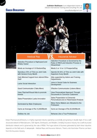 me
Ho
                                                                      Sudhakar Madhavan is an independant trainer at
                                                                   Vibrant International Training and Consulting Pvt. Ltd.
        Career Development                                                                       smsudhakar@gmail.com




                                                                      Vs.




        Indian Pharmaceutical Industry is a highly organized industry operating successfully and growing in double digits. It has a well
        structured network of Manufacturers, C&F Agents, Distributors, and Retailers. Similarly, Insurance industry has a well structured
        distribution network and is governed by the rules of IRDA. The huge volume of business generated by both these industries
        depends on the field work of salespeople - Medical Reps and Insurance Advisors. There’s a lot that Indian Pharma can learn
        from the Insurance industry.

                                                      19 | MedicinMan March 2013
 