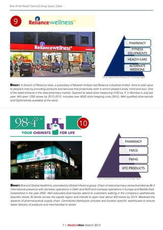 Rise of the Retail Chemist | Anup Soans, Editor




   9




                                                                                 Source: Organized Retail Pharmacy 2011, Northbridge Capital



Brief: A division of Reliance retail, a subsidiary of Mukesh Ambani led Reliance Industries limited. Aims to add value
to people’s lives by providing products and services that proactively work to enrich people’s body, mind and soul. One
of the latest entrants in the retail pharmacy market. Opened its latest store measuring 3100 sq. ft. in Mumbai in July last
year. Will open 1200 stores by 2012-2013. Includes over 8000 stock keeping units (SKU). Well qualified pharmacists
and Optometrists available at the store.




                                                            10




                                                                           Source: Organized Retail Pharmacy 2011, Northbridge Capital



Brief: Brand of Global Healthline, promoted by Global Influence group. Chain of retail pharmacy stores branded as 98.4
International presence with domestic operations in Delhi and NCR and overseas operations in Europe and Middle East.
Established in the year 2002. Well educated pharmacists attend to customers walking in the company’s aesthetically
beautiful stores 30 stores across the capital region and intends to open near about 400 stores by 2014. Mastered the
aspects of pharmaceutical supply chain. Centralized distribution process and location specific warehouses to ensure
faster delivery of products and merchandise to stores




                                                  7 | MedicinMan March 2013
 
