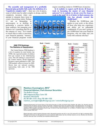 The assembly and management of a profitable                                              require something similar to 10,000 hours of practice.
financial plan probably falls under the definition of a                                         Is it realistic to expect you’ll devote 20 hours a
“cognitively complex task” – there are a lot of pieces,                                      week to becoming the master of your financial
some of which may be rather complex in design, and the                                       universe? Is it realistic to devote even five hours a
complexity increases when you                                                                week to the task? Or is it better to find someone else
attempt to integrate these items to                                                                               who has already crossed the
create a functioning whole. Perhaps                                                                               10,000 limit?
it’s not as demanding as                                                                                             Whether the 10,000-hour rule
neurosurgery or as thrilling as                                                                                   applies to your work, or the efforts
performing a concerto before a                                                                                    of those who help you, experience
large audience, but managing your                                                                                 and ability are an unbeatable
finances isn’t something that fits in                                                                             combination. If you aren’t going to
the category of “easy.” So it stands                                                                              put 10,000 hours into your financial
to reason that in order to maximize                                                                               programs, why not make sure you
your financial potential, “mastery”                                                                               work with someone who has?
of your financial programs would


                                                                Rank Country                      births/                         Rank Country             births/
          2009 TFR Rankings:                                                                      woman                                                   woman
     The Statistics of Depopulation                               1   Niger                           7.19                        148        United Kingdom 1.82
                                                                  2    Guinea-Bissau                  7.07                        150        Denmark          1.80
       The United Nations TFR Ranking is                                                                                          153        Australia        1.79
                                                                  3   Afghanistan                     7.07
   a list of countries by total fertility rate                                                                                    154        China (mainland) 1.73
                                                                 51   Haiti                           3.54
   (TFR): the expected number of children                                                                                         160        Canada           1.53
                                                                 77   India                           2.81
   born per woman in her child-bearing                                                                                            162        Cuba             1.49
                                                                 89   Panama                          2.56
   years. The UN ranking is sourced from                                                                                          166        Switzerland      1.42
                                                                WORLD AVG                             2.55
   the United Nations World Population                                                                                            169        Spain            1.41
                                                                 90   Venezuela                       2.55
   Prospects report published in 2007. The                      110   Mexico                          2.21                        173        Italy            1.38
   TFR numbers reflect revisions for 2009.                      126   United States                   2.05                        175        Germany          1.36
   Shown here are selected countries,                           131   New Zealand                     1.99                        177        Russia           1.34
   representing both ends of the TFR                            132   Ireland                         1.96                        184        Japan            1.27
   spectrum.                                                    133   Chile                           1.94                        190        Poland           1.23
                                                                144   Norway                          1.85                        192        South Korea      1.21




                                                      !"
                            #$ %&' &
                              " %                      ()* " &' &
                                                        # $% %
                            +    ,                      +-.                               / +(                /
                                                                                                              .                       /+

                            Registered Representative and Financial Advisor of Park Avenue Securities LLC (PAS) 140 Kendrick Street, Needham, MA 02494, (781) 449-4402. Securities
                            products/services and advisory services are offered through PAS, a registered broker-dealer and investment advisor. Field Representative, The Guardian Life
                            Insurance Company of America (Guardian), New York, NY. PAS is an indirect, wholly owned subsidiary of Guardian. The Bulfinch Group is not an affiliate or
                            subsidiary of PAS or Guardian. Life insurance offered through The Bulfinch Group Insurance Agency, LLC, an affiliate of The Bulfinch Group, LLC. The Bulfinch
                            Group, LLC is not licensed to sell insurance.
                            PAS is a member FINRA, SIPC.


                                       00 0
                                        0   +                           0           (      +                 00 1             0         .     0       0 *              20+        2 /
                                          +              0.                   +0        0. 2           .      0                   2      0        0   21                         +
                            0      .                                           2          0
                                                                                          0           2 /



  © Copyright 2010                                         The Bulfinch Group             www.bulfinchgroup.com                                                               Page 6
 