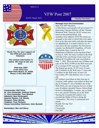 ISSUE # 2



                                         VFW Post 2007
                      DATE: March 2012                                  Monthy Newsletter

                                              Message from the Commnader:
                                              Dear Post 2007 Members,
                                              A little history most people will never know!!!!!
                                              Interesting Veterans Statistics off the Vietnam
                                              Memorial Wall. There are 58,267 names now
                                              listed on that polished black wall,
                                              including those added in 2010.The names are
                                              arranged in the order in which they were taken
                                              from us by date and within each date the names
                                              are alphabetized. It is hard to believe it is 36
                                              years since the last casualties.The first known
                                              casualty was Richard B. Fitzgibbon, of North
                                              Weymouth, Mass. Listed by the U.S.
  Thank You, for your support of              Department of Defense as having been killed
     the VFW and your local                   on June 8, 1956. His name is listed on the Wall
           Veterans.
                                              with that of his son,Marine Corps Lance Cpl.
    The contact information is                Richard B. Fitzgibbon III, who was killed on
    below. We hope to see you                 Sept. 7, 1965. There are three sets of fathers and
             soon.                            sons on the Wall. 39,996 on the Wall were just
                                              22 or younger.8,283 were just 19 years old.
         VFW Post 2007                        The largest age group, 33,103 were 18 years
         1126 Claire Ave                      old.12 soldiers on the Wall were 17 years old.
    West Palm Beach, FL 33401
                                              5 soldiers on the Wall were 16 years old.
     Phone # 561-833-0687
                                              One soldier, PFC Dan Bullock was 15 years
                                              old.
                                              997 soldiers were killed on their first day in
                                              Vietnam.1,448 soldiers were killed on their last
                                              day in Vietnam.31 sets of brothers are on the
                                              Wall.Thirty one sets of parents lost two of their
                                              sons.54 soldiers attended Thomas Edison High
Commander: Phil Forte                         School in Philadelphia. I wonder why so many
Sr. Vice Comander: Andrew Hogue               from one school.8 Women are on the Wall.
Jr. Vice Comander: Tom Whelan                 Nursing the wounded.244 soldiers were
Adjutant: Sam Mcdougald
                                              awarded the Medal of Honor during the
Quarter Master: J.B. Hawks
Surgeon: Peter Barbis                         VietnamWar. This story is continnued next
Chaplain: Tom Pantazis                        month.
House Committee Chariman: John Burkett        Proudly Serving You!
                                              Phil Forte
Bartenders: Bev and Stacy.                    Commander
                                              Post 2007
 