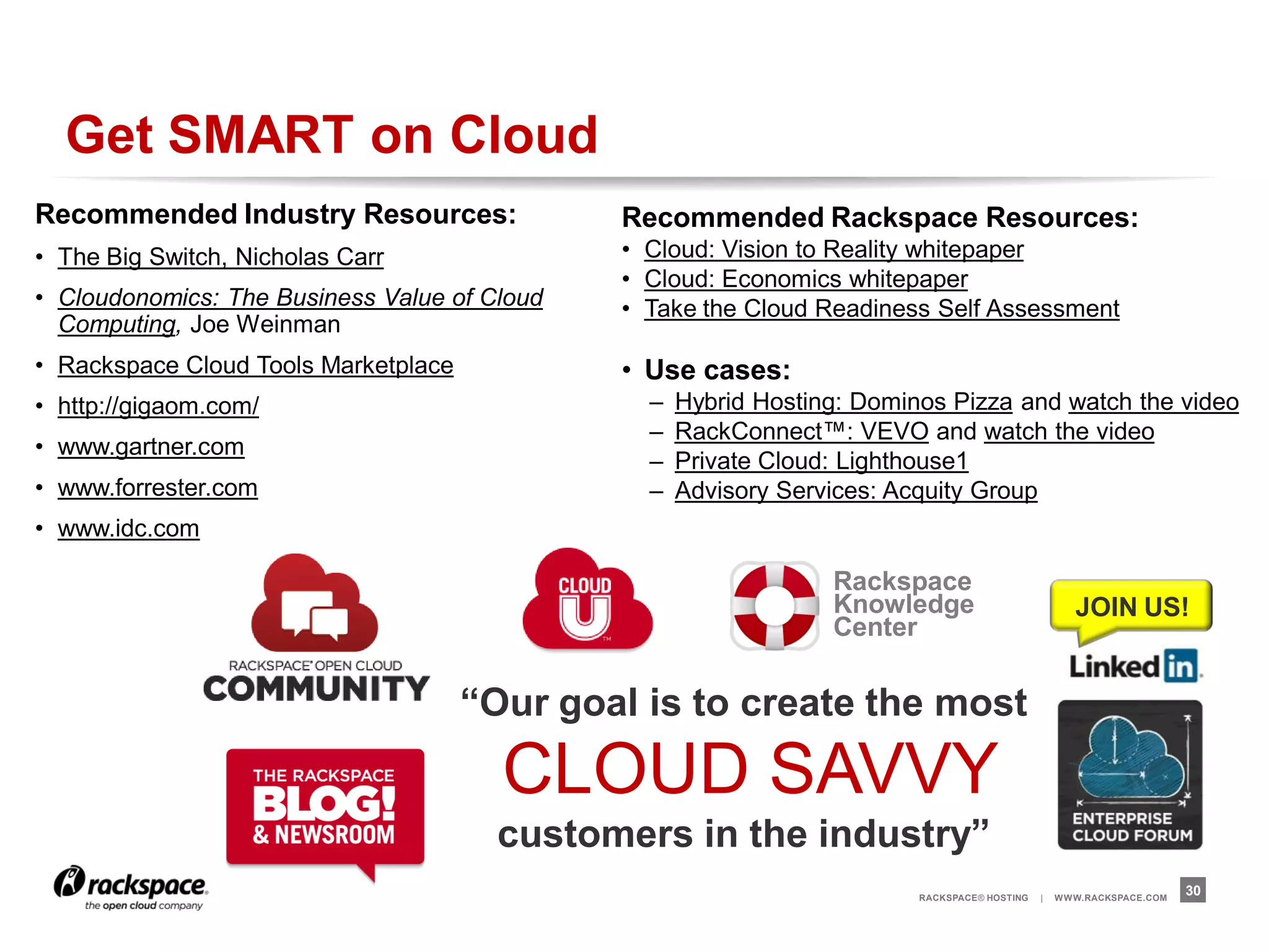 Get SMART on Cloud
Recommended Industry Resources:               Recommended Rackspace Resources:
• The Big Switch, Nicholas Carr               • Cloud: Vision to Reality whitepaper
                                              • Cloud: Economics whitepaper
• Cloudonomics: The Business Value of Cloud   • Take the Cloud Readiness Self Assessment
  Computing, Joe Weinman
• Rackspace Cloud Tools Marketplace           • Use cases:
• http://gigaom.com/                            –   Hybrid Hosting: Dominos Pizza and watch the video
                                                –   RackConnect™: VEVO and watch the video
• www.gartner.com
                                                –   Private Cloud: Lighthouse1
• www.forrester.com                             –   Advisory Services: Acquity Group
• www.idc.com

                                                                 Rackspace
                                                                 Knowledge                           JOIN US!
                                                                 Center

                                      “Our goal is to create the most
                                        CLOUD SAVVY
                                        customers in the industry”
                                                                         RACKSPACE® HOSTING   |   W W W.RACKSPACE.COM
                                                                                                                        30
 