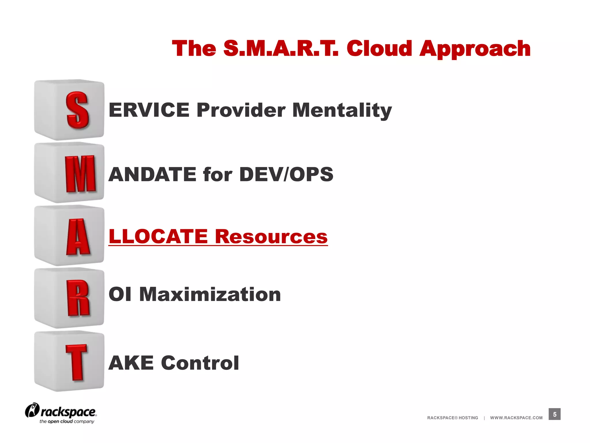 The S.M.A.R.T. Cloud Approach

ERVICE Provider Mentality


ANDATE for DEV/OPS


LLOCATE Resources

OI Maximization


AKE Control

                            RACKSPACE® HOSTING   |   W W W.RACKSPACE.COM
                                                                           5
 