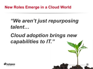 New Roles Emerge in a Cloud World


  “We aren’t just repurposing
  talent…
  Cloud adoption brings new
  capabilities to IT.”



                               RACKSPACE® HOSTING   |   W W W.RACKSPACE.COM
                                                                              21
 
