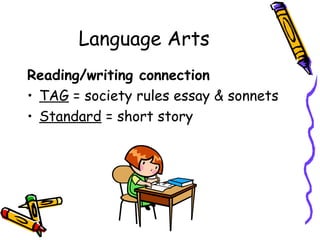 Language Arts
Reading/writing connection
• TAG = society rules essay & sonnets
• Standard = short story
 