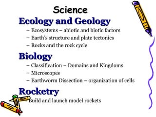 Science
Ecology and Geology
 – Ecosystems – abiotic and biotic factors
 – Earth’s structure and plate tectonics
 – Rocks and the rock cycle

Biology
 – Classification – Domains and Kingdoms
 – Microscopes
 – Earthworm Dissection – organization of cells

Rocketry
 - Build and launch model rockets
 