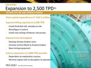 SAN DIMAS

Expansion to 2,500 TPD11
ATTRACTIVE IRR AND PAYBACK PERIOD

Total capital expenditure of ~$16.5 million
Expand milling capacity to 2,500 TPD
o Install third ball mill, already on-site
o Reconfigure crushers
o Install new tailings thickener and pumps

Expand mine throughput
o Develop Sinaloa Graben veins
o Connect Central Block to Sinaloa Graben
o New mining equipment

Future expansion to 3,000 TPD possible             Mill Expansion to:
o Dependent on exploration success                        2,500     TPD
                                                                CAPACITY
o Minimal capital and no disruption to operation

            See slide 24 for footnotes.                             12
 