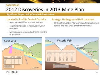 SAN DIMAS
2012 Discoveries in 2013 Mine Plan
Significant Opportunity Close to Infrastructure

Located in Prolific Central Corridor          Strategic Underground Drill Locations
o   Alexa located 125m north of Victoria      o   Drilling from old El Pilar workings, Sinaloa Graben
o   Targeting inclusion in Reserves by 2012       tunnel and east-west drift from Robertita
    year-end
o   Mining access achieved within 12 months
    of discovery




                                                                                                 18
 