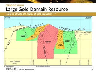 CERRO DEL GALLO

Large Gold Domain Resource
3.2M oz of Gold or 5.6M oz of Gold Equivalent 13,14




            See slide 24 for footnotes.               21
 