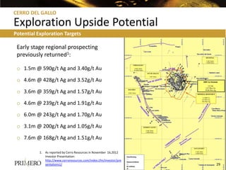 CERRO DEL GALLO

Exploration Upside Potential
Potential Exploration Targets

 Early stage regional prospecting
 previously returned1:

 o 1.5m @ 590g/t Ag and 3.40g/t Au

 o 4.6m @ 428g/t Ag and 3.52g/t Au

 o 3.6m @ 359g/t Ag and 1.57g/t Au

 o 4.6m @ 239g/t Ag and 1.91g/t Au

 o 6.0m @ 243g/t Ag and 1.70g/t Au

 o 3.1m @ 200g/t Ag and 1.05g/t Au

 o 7.6m @ 168g/t Ag and 1.51g/t Au

           1. As reported by Cerro Resources in November 16,2012
              Investor Presentation:
              http://www.cerroresources.com/index.cfm/investor/pre
              sentations1/                                           29
 