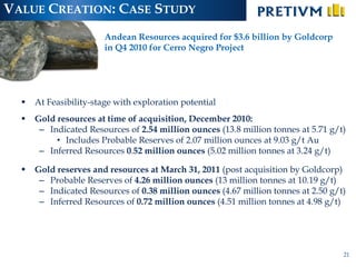 VALUE CREATION: CASE STUDY
                        Andean Resources acquired for $3.6 billion by Goldcorp
                        in Q4 2010 for Cerro Negro Project




     At Feasibility-stage with exploration potential
     Gold resources at time of acquisition, December 2010:
       – Indicated Resources of 2.54 million ounces (13.8 million tonnes at 5.71 g/t)
           • Includes Probable Reserves of 2.07 million ounces at 9.03 g/t Au
       – Inferred Resources 0.52 million ounces (5.02 million tonnes at 3.24 g/t)

     Gold reserves and resources at March 31, 2011 (post acquisition by Goldcorp)
       – Probable Reserves of 4.26 million ounces (13 million tonnes at 10.19 g/t)
       – Indicated Resources of 0.38 million ounces (4.67 million tonnes at 2.50 g/t)
       – Inferred Resources of 0.72 million ounces (4.51 million tonnes at 4.98 g/t)




                                                                                    21
 