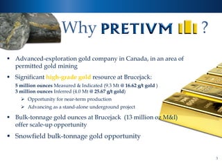 Why                                            ?
 Advanced-exploration gold company in Canada, in an area of
  permitted gold mining
 Significant high-grade gold resource at Brucejack:
  5 million ounces Measured & Indicated (9.3 Mt @ 16.62 g/t gold )
  3 million ounces Inferred (4.0 Mt @ 25.67 g/t gold)
     Opportunity for near-term production
     Advancing as a stand-alone underground project

 Bulk-tonnage gold ounces at Brucejack (13 million oz M&I)
  offer scale-up opportunity
 Snowfield bulk-tonnage gold opportunity


                                                                         3
 