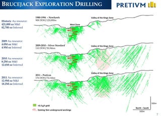 BRUCEJACK EXPLORATION DRILLING
                        1980-1994 – Newhawk                          Valley of the Kings Zone
Historic Au resource:   908 DDH/120,000m
421,000 oz M&I                                           West Zone
82,700 oz Inferred




2009 Au resource:
4.0M oz M&I             2009-2010 – Silver Standard                  Valley of the Kings Zone
4.9M oz Inferred        110 DDH/50,946m



2010 Au resource:
8.2M oz M&I
12.6M oz Inferred


                                                                     Valley of the Kings Zone
                        2011 – Pretivm
2011 Au resource:       176 DDH/72,144m
12.9M oz M&I
18.2M oz Inferred




                                                                                                                500m
                          >0.3 g/t gold
                                                                                                North – South
                          Existing 5km underground workings
                                                                                                   500m
                                                                                                                       7
 