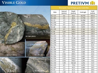 VISIBLE GOLD
                                                       Brucejack Top 20 High-grade Gold Hits

                                                          Interval    Depth                     Gold
                                                Hole                             Gold (g/t)
                                                          (meters)   (meters)                  (oz/ton)
                                             SU-115        0.6        60.6        18,755       547.0
                                             SU-260        0.5        68.4        17,750       517.7
                                             SU-12          1.5      273.0        16,948       494.3
                                             SU-230         1.0      305.7         7,420       216.4
                                             SU-150         0.5       76.4         6,670       194.5
                                             SU-40         1.64      648.0         5,850       170.6
                                             SU-195         0.5      349.4         5,740       167.4
                                             SU-84         0.44      198.0         5,480       159.8
                                             SU-29          0.5      560.0         5,344       155.9
                  SU-260 (2011)              SU-115        0.51       76.1         4,209       122.8
                                             SU-132         0.5      57.68         4,060       118.4
                                             SU-249         0.5      115.6         3,880       113.2
                                             SU-239         1.0      310.0         3,460       100.9
                                             SU-176         0.5      335.8         2,810        81.9
                                             SU-54         1.59       53.6         2,490        72.6
                                             SU-106        0.69      240.4         1,710        49.9
                                             SU-150         0.5        59.0        1,640        47.8
                                             SU-136        0.84       228.0        1,550        45.2
  SU-115 (2011)              SU-195 (2011)
                                             SU-226        0.52       335.0        1,465        42.7
                                             SU-150        1.03       234.0        1,280        37.3
                                             SU-157        0.54       350.0        1,200        35.0
                                             SU-190        1.98      520.68        1,094        31.9
                                             SU-135         0.5        75.0        1,070        31.2
                                             SU-193         1.5       93.5         1,040        30.3
                                             SU-53          1.5       21.5         1,025        29.9 8
  SU-84 (2010)               SU-29 (2009)
                                             SU-115        1.28       61.2        1,005        29.3
 
