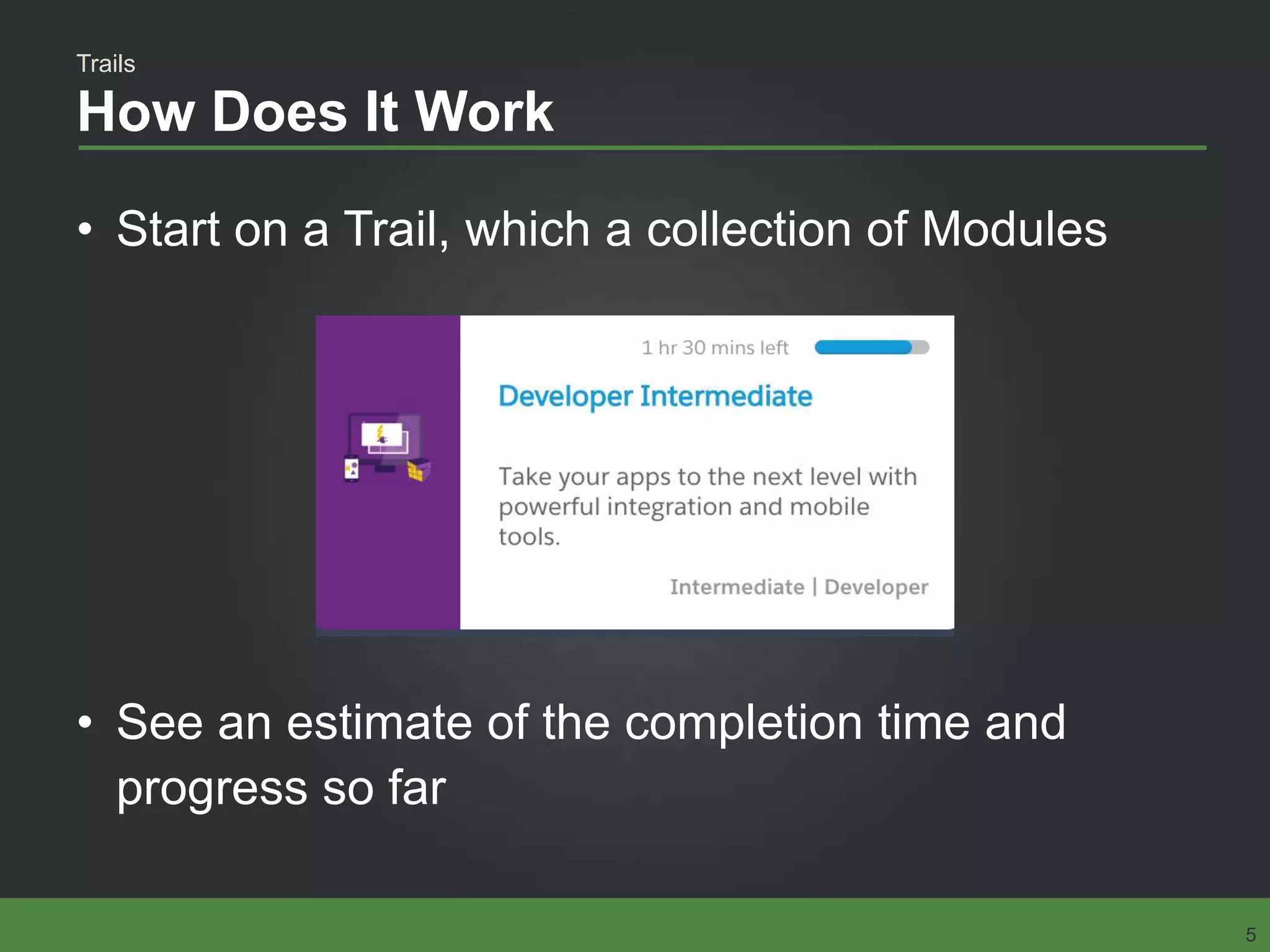 How Does It Work
• Start on a Trail, which a collection of Modules
• See an estimate of the completion time and
progress so far
Trails
5
 