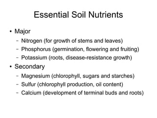Essential Soil Nutrients
● Major
– Nitrogen (for growth of stems and leaves)
– Phosphorus (germination, flowering and fruiting)
– Potassium (roots, disease-resistance growth)
● Secondary
– Magnesium (chlorophyll, sugars and starches)
– Sulfur (chlorophyll production, oil content)
– Calcium (development of terminal buds and roots)
 