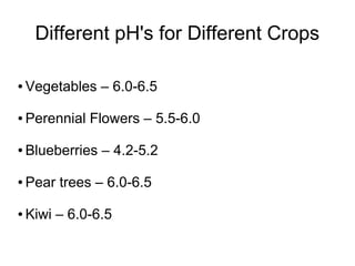 Different pH's for Different Crops
● Vegetables – 6.0-6.5
● Perennial Flowers – 5.5-6.0
● Blueberries – 4.2-5.2
● Pear trees – 6.0-6.5
● Kiwi – 6.0-6.5
 