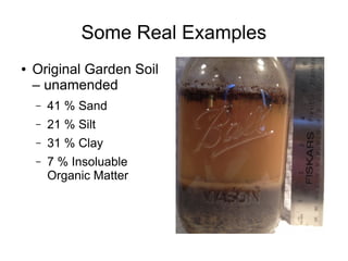 Some Real Examples
● Original Garden Soil
– unamended
– 41 % Sand
– 21 % Silt
– 31 % Clay
– 7 % Insoluable
Organic Matter
 