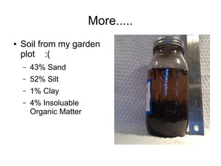 More.....
● Soil from my garden
plot :(
– 43% Sand
– 52% Silt
– 1% Clay
– 4% Insoluable
Organic Matter
 