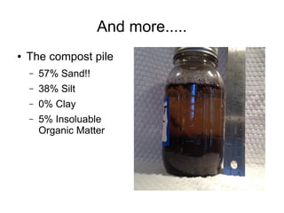 And more.....
● The compost pile
– 57% Sand!!
– 38% Silt
– 0% Clay
– 5% Insoluable
Organic Matter
 