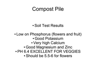 Compost Pile
● Soil Test Results
● Low on Phosphorus (flowers and fruit)
● Good Potassium
● Very high Calcium
● Good Magnesium and Zinc
● PH 6.4 EXCELLENT FOR VEGGIES
● Should be 5.5-6 for flowers
 
