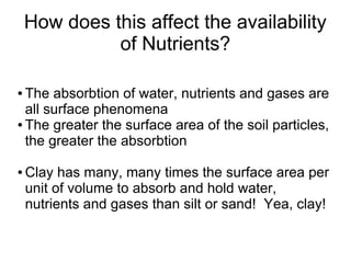 How does this affect the availability
of Nutrients?
● The absorbtion of water, nutrients and gases are
all surface phenomena
● The greater the surface area of the soil particles,
the greater the absorbtion
● Clay has many, many times the surface area per
unit of volume to absorb and hold water,
nutrients and gases than silt or sand! Yea, clay!
 