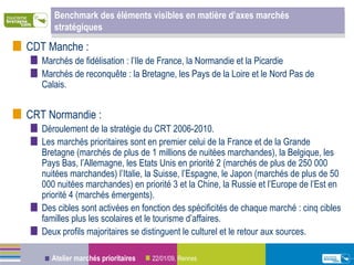 Benchmark des éléments visibles en matière d’axes marchés stratégiques  CDT Manche :  Marchés de fidélisation : l’Ile de France, la Normandie et la Picardie Marchés de reconquête : la Bretagne, les Pays de la Loire et le Nord Pas de Calais. CRT Normandie :  Déroulement de la stratégie du CRT 2006-2010. Les marchés prioritaires sont en premier celui de la France et de la Grande Bretagne (marchés de plus de 1 millions de nuitées marchandes), la Belgique, les Pays Bas, l’Allemagne, les Etats Unis en priorité 2 (marchés de plus de 250 000 nuitées marchandes) l’Italie, la Suisse, l’Espagne, le Japon (marchés de plus de 50 000 nuitées marchandes) en priorité 3 et la Chine, la Russie et l’Europe de l’Est en priorité 4 (marchés émergents).  Des cibles sont activées en fonction des spécificités de chaque marché : cinq cibles familles plus les scolaires et le tourisme d’affaires. Deux profils majoritaires se distinguent le culturel et le retour aux sources. 