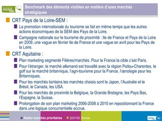 Benchmark des éléments visibles en matière d’axes marchés stratégiques  CRT Pays de la Loire-SEM :  La promotion internationale du tourisme se fait en même temps que les autres actions économiques de la SEM des Pays de la Loire.  Campagne nationale sur le tourisme de proximité : Ile de France et Pays de la Loire en 2009, une vague en février Ile de France et une vague en avril pour les Pays de la Loire. CRT Aquitaine :  Plan marketing segmenté Filières/marchés. Pour la France la cible c’est Paris.  Pour l’étranger, le marché allemand est travaillé avec la région Poitou-Charentes, le golf sur le marché britannique, l’agri-tourisme pour la France, l’œnologie pour les Britanniques. Pour les marchés lointains les marchés choisis sont le Japon, l’Australie et le Brésil, le Canada, les USA.  Pour les marchés de proximité la Belgique, la Grande Bretagne, les Pays Bas, l’Espagne, la Suisse.  Prolongation de son plan marketing 2006-2008 à 2010 en repositionnant la France dans une logique concurrentielle accrue. 