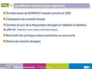 Données issues de MORGOAT enquête tourisme en 2005 Cartographie des marchés français Données de suivi de la fréquentation étrangère en hôtellerie et hôtellerie de plein-air  (MORGOAT module hôtellerie et DR INSEE Bretagne) Benchmark des principaux acteurs partenaires ou concurrents Matrice des marchés étrangers Les différents outils d’analyse disponibles  
