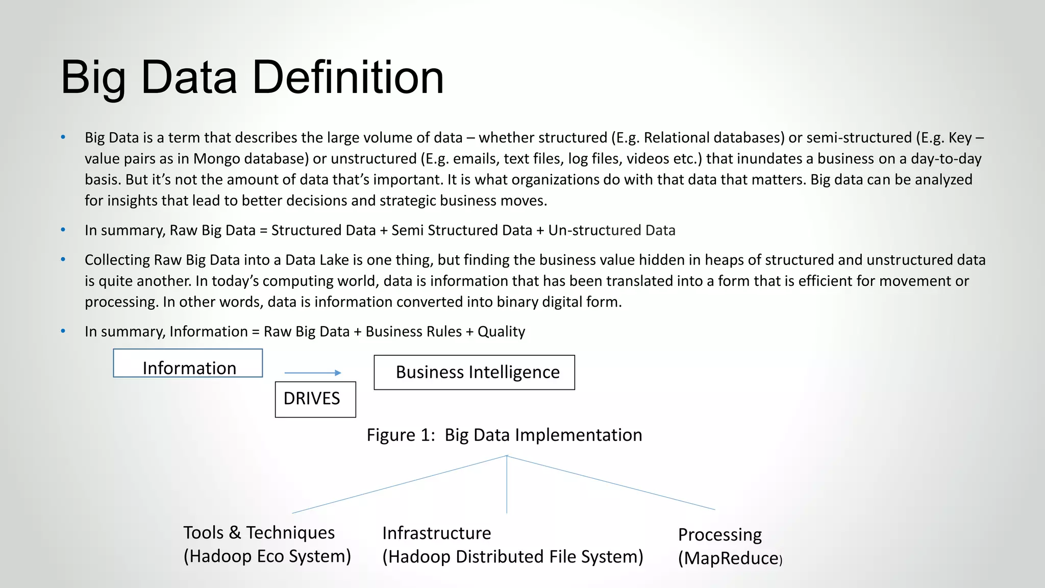 • Big Data is a term that describes the large volume of data – whether structured (E.g. Relational databases) or semi-structured (E.g. Key –
value pairs as in Mongo database) or unstructured (E.g. emails, text files, log files, videos etc.) that inundates a business on a day-to-day
basis. But it’s not the amount of data that’s important. It is what organizations do with that data that matters. Big data can be analyzed
for insights that lead to better decisions and strategic business moves.
• In summary, Raw Big Data = Structured Data + Semi Structured Data + Un-structured Data
• Collecting Raw Big Data into a Data Lake is one thing, but finding the business value hidden in heaps of structured and unstructured data
is quite another. In today’s computing world, data is information that has been translated into a form that is efficient for movement or
processing. In other words, data is information converted into binary digital form.
• In summary, Information = Raw Big Data + Business Rules + Quality
Big Data Definition
DRIVES
Business IntelligenceInformation
Figure 1: Big Data Implementation
Tools & Techniques
(Hadoop Eco System)
Infrastructure
(Hadoop Distributed File System)
Processing
(MapReduce)
 