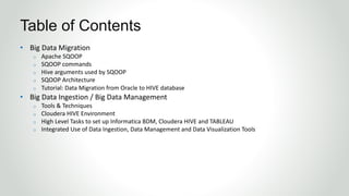 • Big Data Migration
o Apache SQOOP
o SQOOP commands
o Hive arguments used by SQOOP
o SQOOP Architecture
o Tutorial: Data Migration from Oracle to HIVE database
• Big Data Ingestion / Big Data Management
o Tools & Techniques
o Cloudera HIVE Environment
o High Level Tasks to set up Informatica BDM, Cloudera HIVE and TABLEAU
o Integrated Use of Data Ingestion, Data Management and Data Visualization Tools
Table of Contents
 