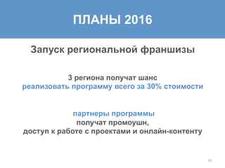 15	
  
ПЛАНЫ 2016
Запуск региональной франшизы
3 региона получат шанс
реализовать программу всего за 30% стоимости
партнеры программы
получат промоушн,
доступ к работе с проектами и онлайн-контенту
 