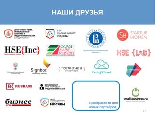 17	
  
НАШИ ДРУЗЬЯ
Пространство для
новых партнёров
 