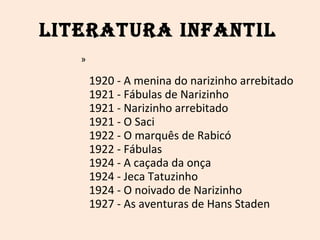 Literatura Infantil   1920 - A menina do narizinho arrebitado 1921 - Fábulas de Narizinho  1921 - Narizinho arrebitado  1921 - O Saci  1922 - O marquês de Rabicó 1922 - Fábulas  1924 - A caçada da onça  1924 - Jeca Tatuzinho  1924 - O noivado de Narizinho  1927 - As aventuras de Hans Staden  