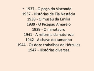 1937 - O poço do Visconde  1937 - Histórias de Tia Nastácia  1938 - O museu da Emília  1939 - O Picapau Amarelo  1939 - O minotauro  1941 - A reforma da natureza  1942 - A chave do tamanho  1944 - Os doze trabalhos de Hércules  1947 - Histórias diversas  