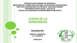 REPÚBLICA BOLIVARIANA DE VENEZUELA
MINISTERIO DEL PODER POPULAR PARA LA EDUCACION UNIVERSITARIA
INSTITUTO UNIVERSITARIO POLITÉCNICO “SANTIAGO MARIÑO”
EXTENSION CIUDAD OJEDA – EDO ZULIA
ESCUELA DE INGENIERIA EN MANTENIMIENTO MECÁNICO
REALIZADO POR:
MARCIAL GONZALEZ
C.I. V-23883515
JUNIO 2016
 