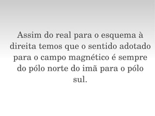 Assim do real para o esquema à direita temos que o sentido adotado para o campo magnético é sempre do pólo norte do imã para o pólo sul. 
