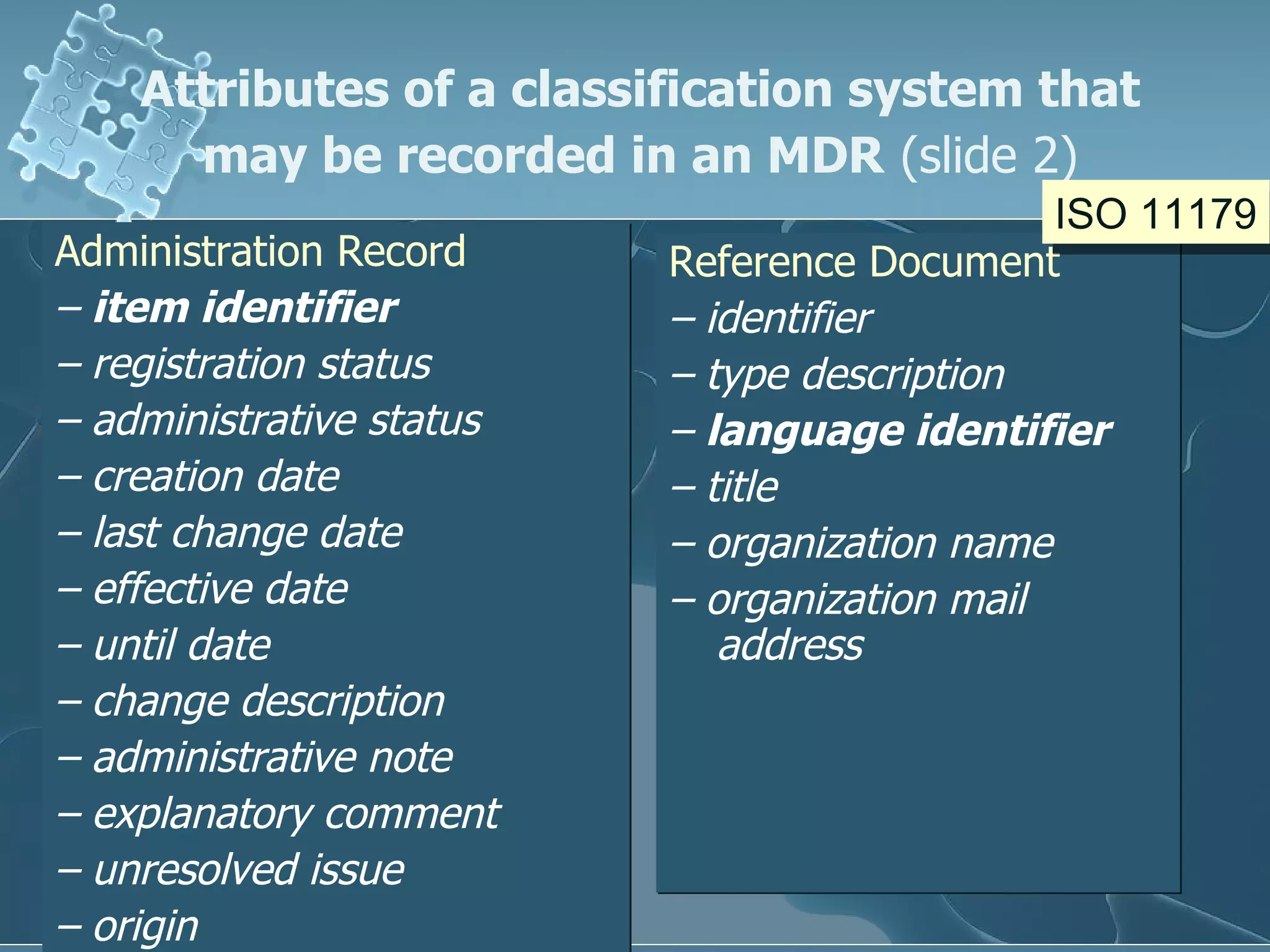 Administration Record   –  item identifier –  registration status  –  administrative status  –  creation date  –  last change date  –  effective date  –  until date  –  change description –  administrative note  –  explanatory comment  –  unresolved issue  –  origin   Reference Document –  identifier  –  type description  –  language identifier  –  title  –  organization name  –  organization mail address Attributes of a classification system that may be recorded in an MDR   (slide 2) ISO 11179 