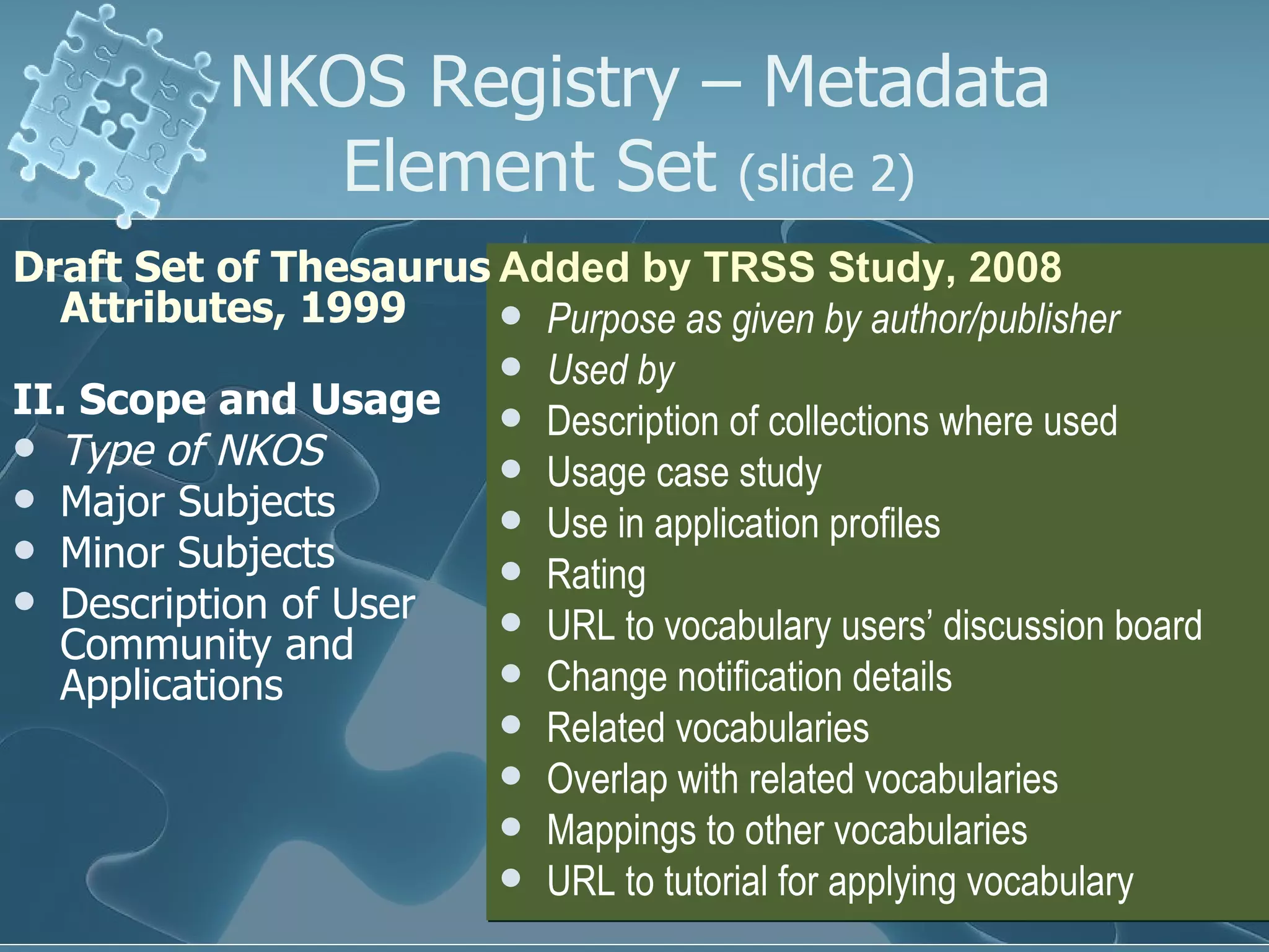 NKOS Registry – Metadata Element Set  (slide 2)   Added by TRSS Study, 2008 Purpose as given by author/publisher Used by  Description of collections where used Usage case study Use in application profiles  Rating URL to vocabulary users’ discussion board Change notification details Related vocabularies Overlap with related vocabularies Mappings to other vocabularies URL to tutorial for applying vocabulary   Draft Set of Thesaurus Attributes, 1999 II. Scope and Usage   Type of NKOS   Major Subjects  Minor Subjects  Description of User Community and Applications 