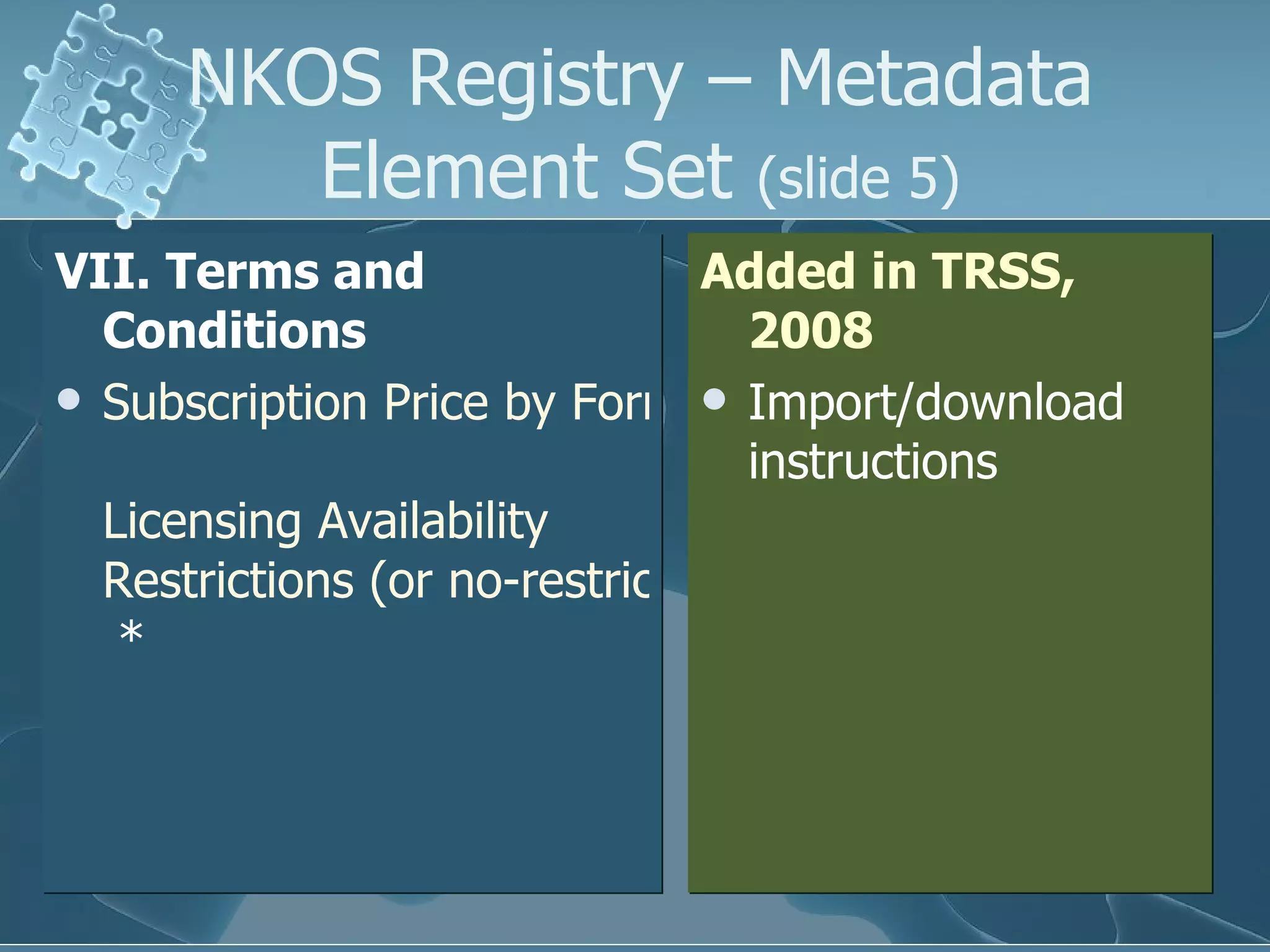 VII. Terms and Conditions   Subscription Price by Format   Licensing Availability   Restrictions (or no-restrictions statement)  *  NKOS Registry – Metadata Element Set  (slide 5) Added in TRSS, 2008 Import/download instructions 