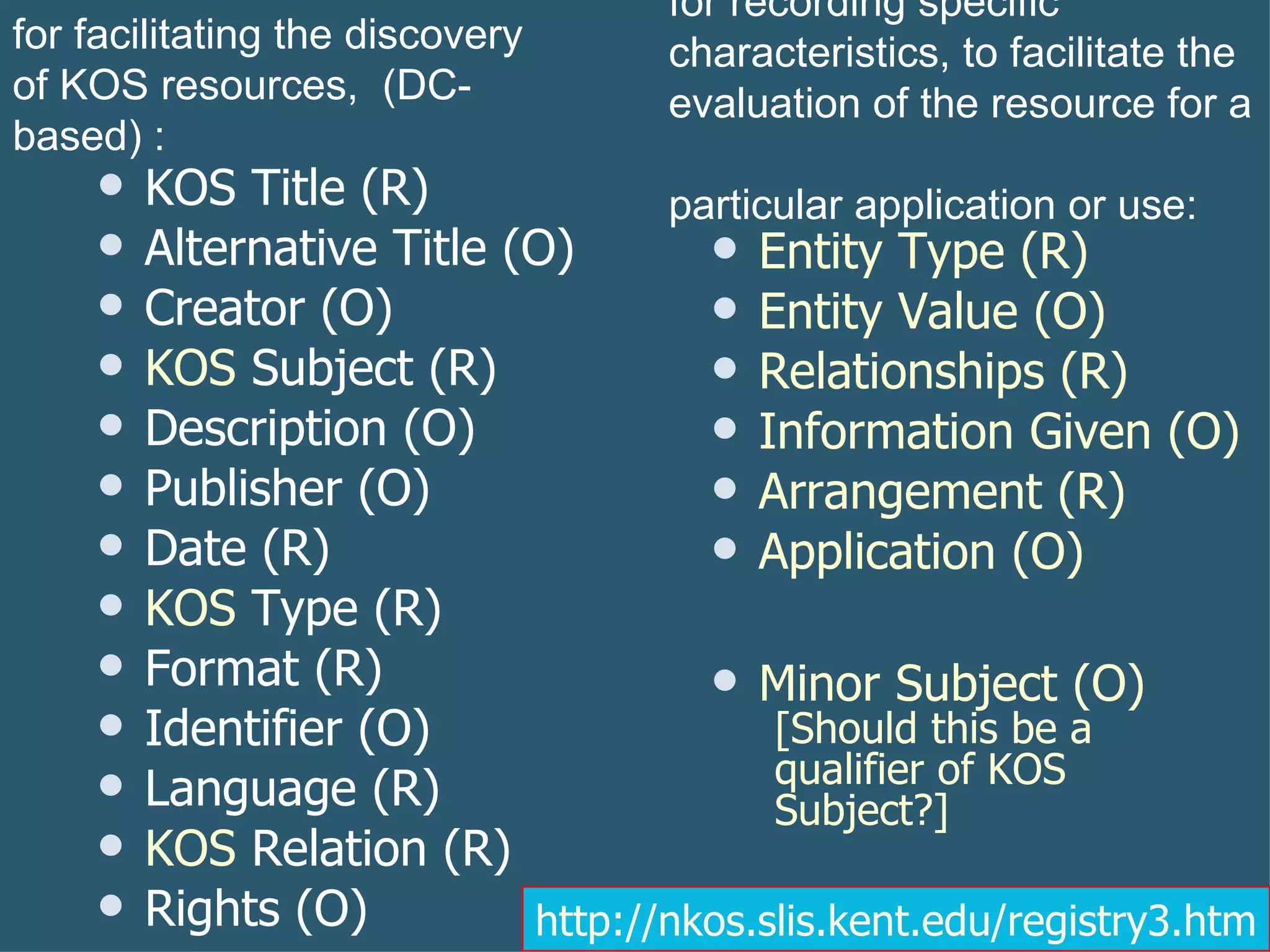 KOS Title (R) Alternative Title (O) Creator (O) KOS  Subject (R) Description (O) Publisher (O) Date (R) KOS  Type (R) Format (R) Identifier (O) Language (R) KOS  Relation (R) Rights (O) Entity Type (R) Entity Value (O) Relationships (R) Information Given (O) Arrangement (R) Application (O) Minor Subject (O)  [Should this be a  qualifier of KOS  Subject?] for facilitating the discovery of KOS resources,  (DC-based) : for recording specific characteristics, to facilitate the evaluation of the resource for a  particular application or use:  http://nkos.slis.kent.edu/registry3.htm 