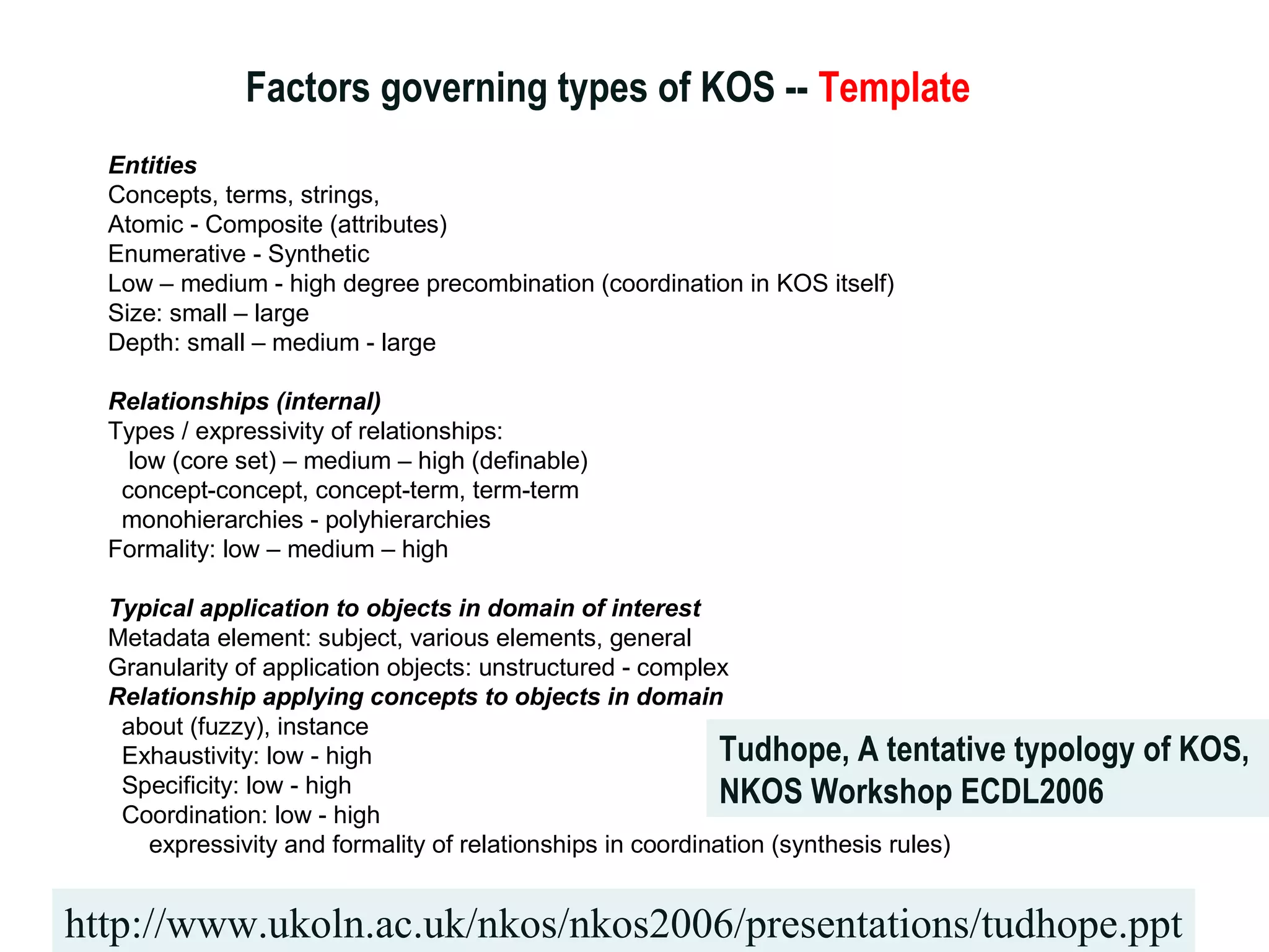 Factors governing types of KOS --  Template http://www.ukoln.ac.uk/nkos/nkos2006/presentations/tudhope.ppt Tudhope,  A tentative typology of KOS ,  NKOS Workshop ECDL2006 