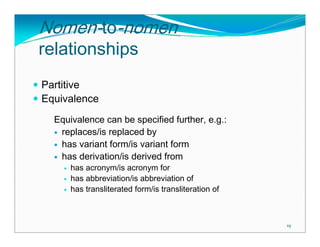 Nomen-to-nomen
relationships
Partitive
Equivalence
  Equivalence can be specified further, e.g.:
   replaces/is replaced by
   has variant form/is variant form
   has derivation/is derived from
      has acronym/is acronym for
      has abbreviation/is abbreviation of
      has transliterated form/is transliteration of



                                                      19
 