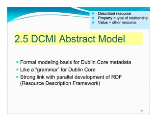Described resource
                                Described resource
                                Property = type of relationship
                                Property = type of relationship
                                Value = other resource
                                Value = other resource



2.5 DCMI Abstract Model

 Formal modeling basis for Dublin Core metadata
 Like a “grammar” for Dublin Core
 Strong link with parallel development of RDF
 (Resource Description Framework)




                                                          39
 