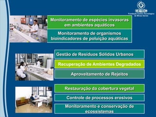 Monitoramento de espécies invasoras
      em ambientes aquáticos
   Monitoramento de organismos
bioindicadores de poluição aquáticas


  Gestão de Resíduos Sólidos Urbanos

   Recuperação de Ambientes Degradados

         Aproveitamento de Rejeitos


      Restauração da cobertura vegetal

       Controle de processos erosivos
      Monitoramento e conservação de
              ecossistemas
 