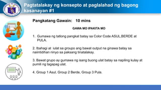Pagtatalakay ng konsepto at paglalahad ng bagong
kasanayan #1
Pangkatang Gawain: 10 mins
GAWA MO IPAKITA MO
1. Gumawa ng tatlong pangkat batay sa Color Code ASUL,BERDE at
PULA.
2. Ibahagi at iulat sa groupo ang bawat output na ginawa batay sa
naiintidihan ninyo sa paksang tinatalakay.
3. Bawat grupo ay gumawa ng isang buong ulat batay sa napiling kulay at
pumili ng tagapag ulat.
4. Group 1 Asul, Group 2 Berde, Group 3 Pula.
 