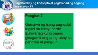 Pagtatalakay ng konsepto at paglalahad ng bagong
kasanayan #1
Pangkat 2
Gumawa ng isang pag-uulat
tugkol sa kulay berde.
Ipaliwanag kung paano
ginagamit ang pang-abay sa
pandiwa at pang-uri
 