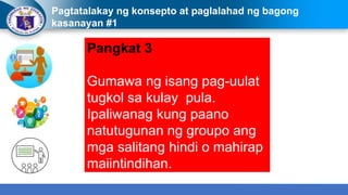 Pagtatalakay ng konsepto at paglalahad ng bagong
kasanayan #1
Pangkat 3
Gumawa ng isang pag-uulat
tugkol sa kulay pula.
Ipaliwanag kung paano
natutugunan ng groupo ang
mga salitang hindi o mahirap
maiintindihan.
 